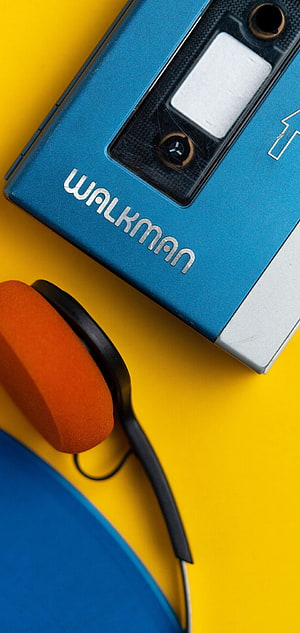 Retro Sony Walkman Cassette Player with Orange Headphones on Vibrant Yellow Background, Sony Walkman By Jonathan Morrison Galaxy S10 Hole Punch HD phone wallpaper