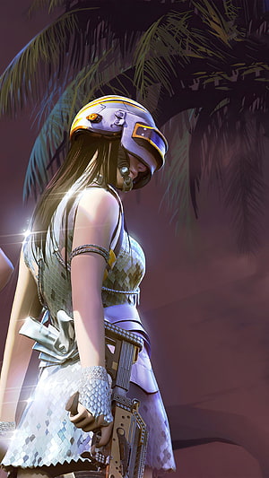 Snakebite character from Valorant wearing a shimmering silver dress and helmet holding a rifle in a tropical setting HD phone wallpaper