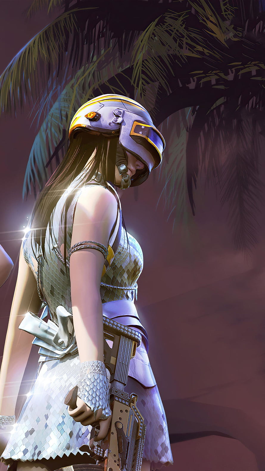 Snakebite character from Valorant wearing a shimmering silver dress and helmet holding a rifle in a tropical setting HD phone wallpaper