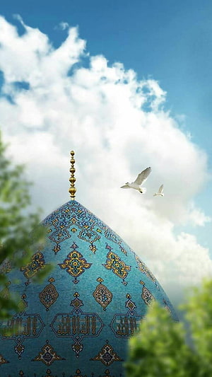 Jamkaran Mosque Turquoise Dome with Ornate Tilework and Flying Seagulls HD phone wallpaper
