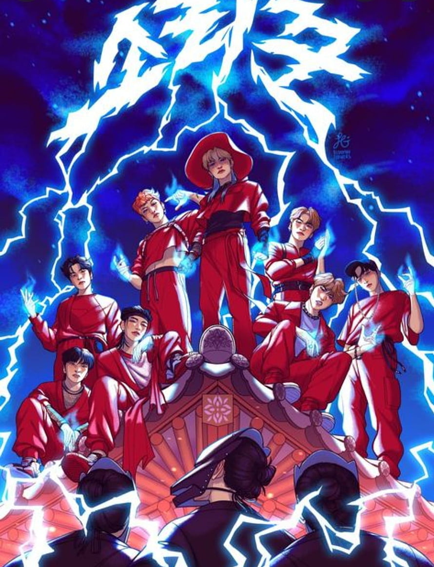 Stray Kids anime illustration with red outfits and electric blue lightning HD phone wallpaper