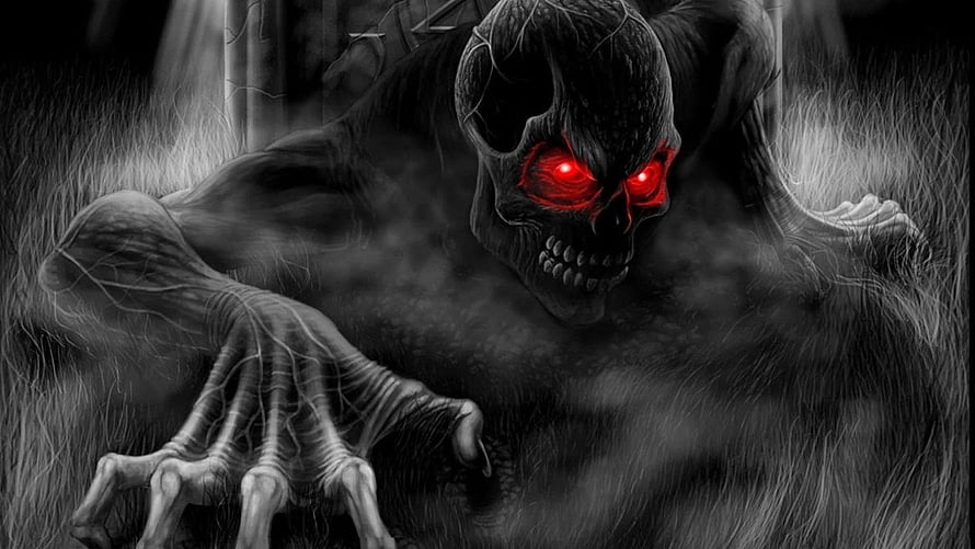 Dark Fantasy Demon Skull With Glowing Red Eyes And Skeletal Claws HD wallpaper