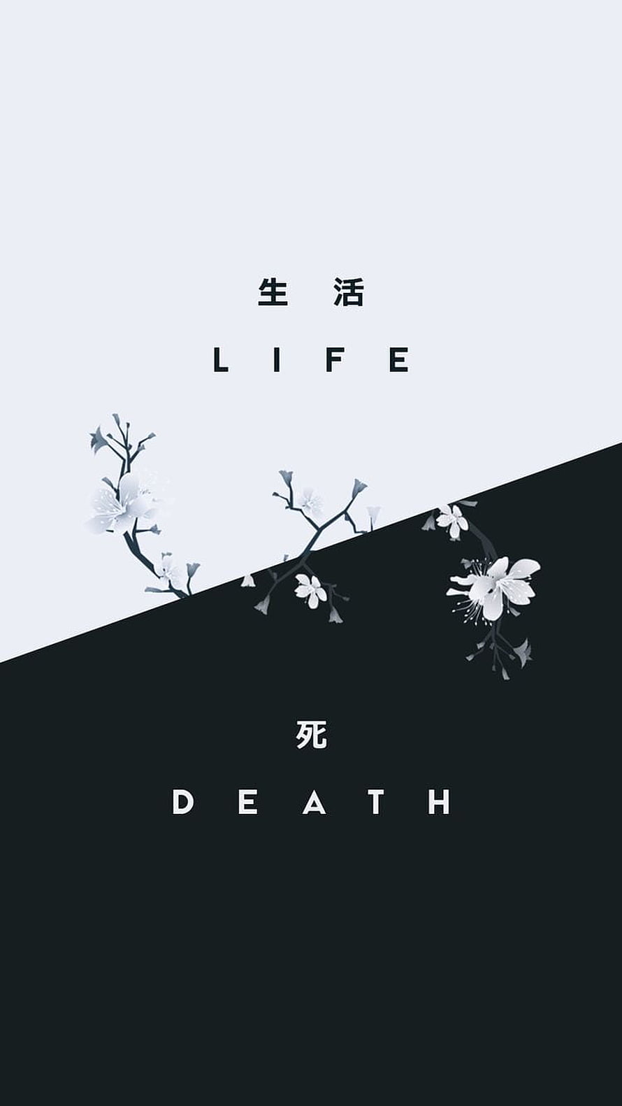 Minimalist Japanese Cherry Blossom Design with Life and Death Text HD phone wallpaper