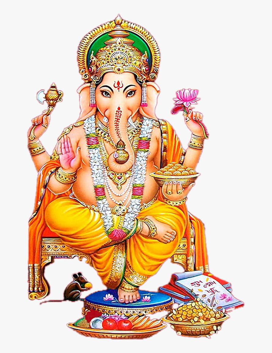Lord Ganesha Sitting With Mouse, Books, And Offerings Hindu Deity Illustration HD phone wallpaper