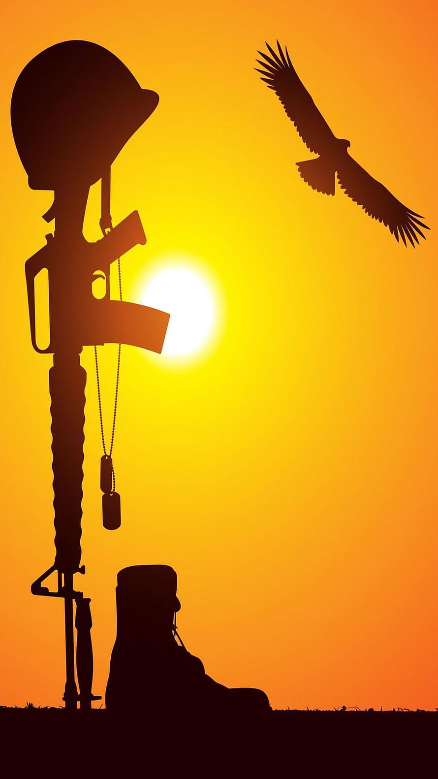Silhouette of Soldier Helmet Rifle and Boot with Eagle at Sunset HD phone wallpaper