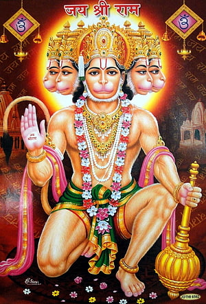 Five-headed Hanuman deity illustration with golden crown, garlands, and mace, traditional Hindu religious art, Panchmukhi Hanuman. Hanuman , Jai hanuman, Hanuman, Panchamukha Hanuman HD phone wallpaper