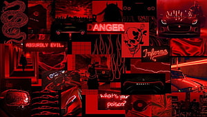 Dark Red Aesthetic Collage With Neon Signs, Skulls, Snakes, And Luxury Cars HD wallpaper