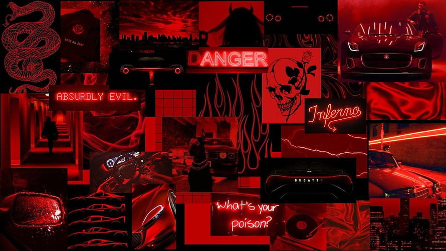 Dark Red Aesthetic Collage With Neon Signs, Skulls, Snakes, And Luxury Cars HD wallpaper