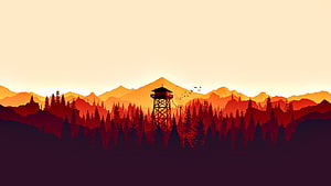 Stylized Fire Watch Tower Silhouette Against Orange Mountain Range at Sunset HD wallpaper