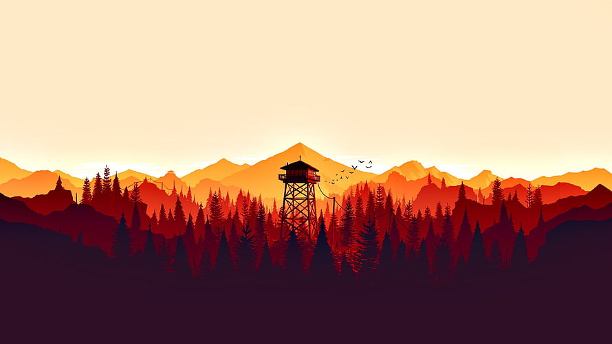 Stylized Fire Watch Tower Silhouette Against Orange Mountain Range at Sunset HD wallpaper