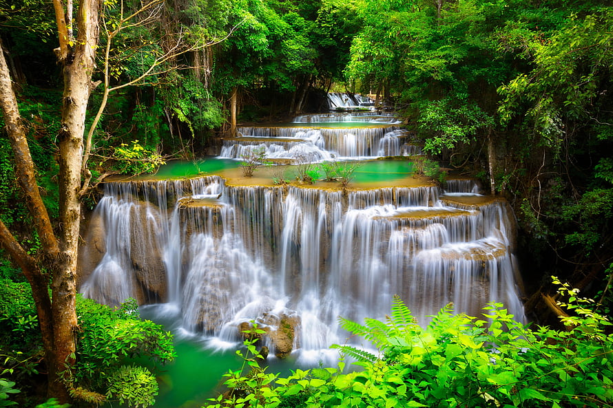 Lush tropical forest cascades with emerald pools and silky waterfall flow HD wallpaper