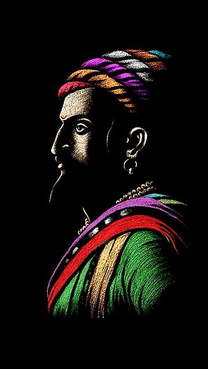 Shivaji Maharaj Profile Portrait in Vibrant Traditional Attire on Black Background HD phone wallpaper