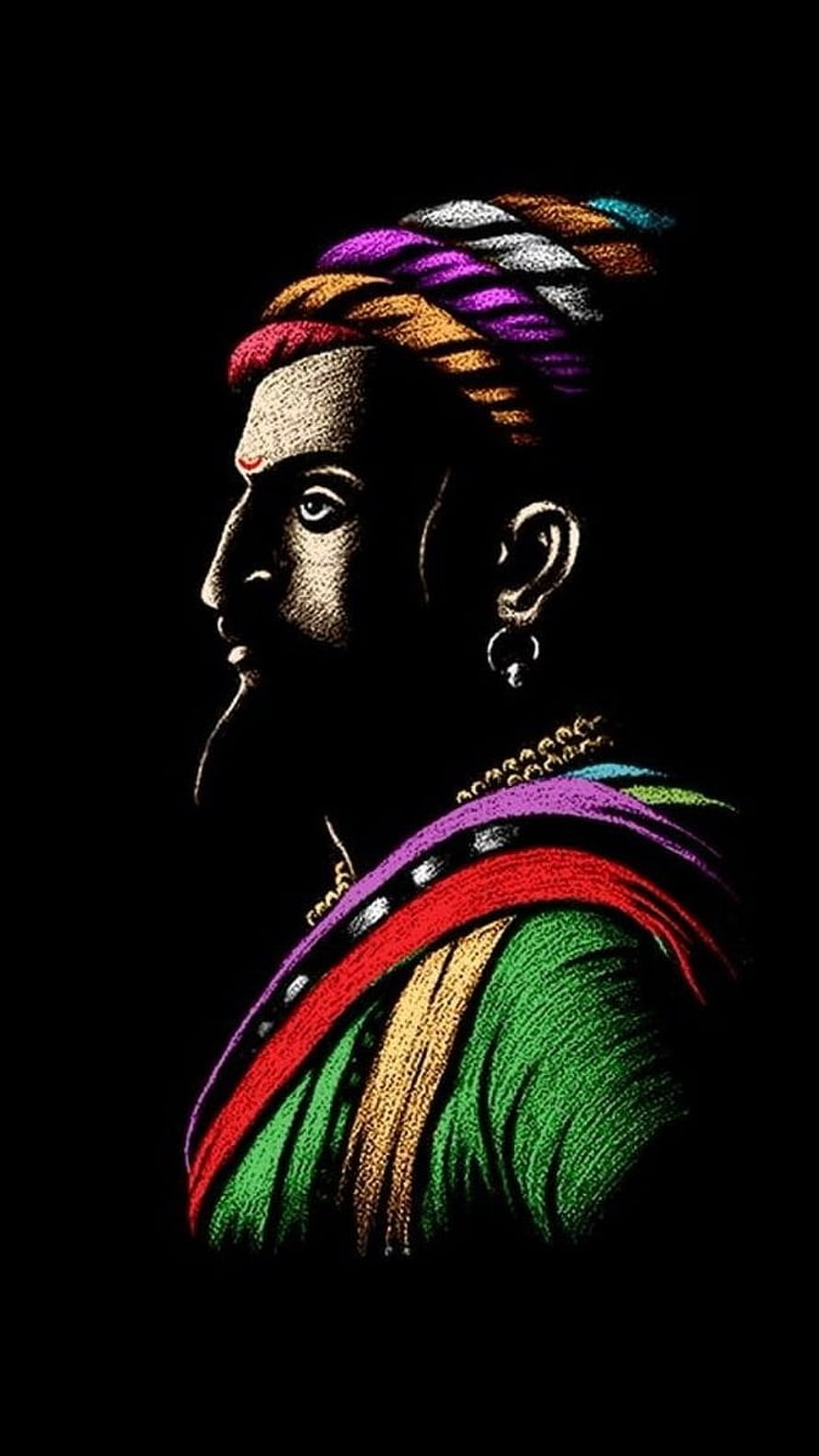 Shivaji Maharaj Profile Portrait in Vibrant Traditional Attire on Black Background HD phone wallpaper