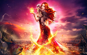 Fantasy Fire Dragon Woman with Flame Magic in Digital Art, Fire and Dragon, asian, art, girl, beautiful, woman, digital, fantasy, pretty, dragon, fire HD wallpaper