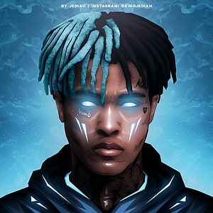XXXTentacion Digital Portrait with Glowing Eyes and Blue Dreads HD phone wallpaper