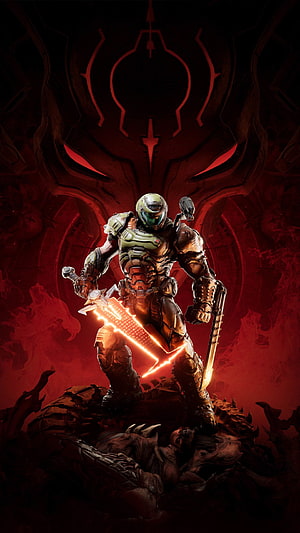 Doom Slayer wielding a glowing energy sword in a dark red demonic environment HD phone wallpaper