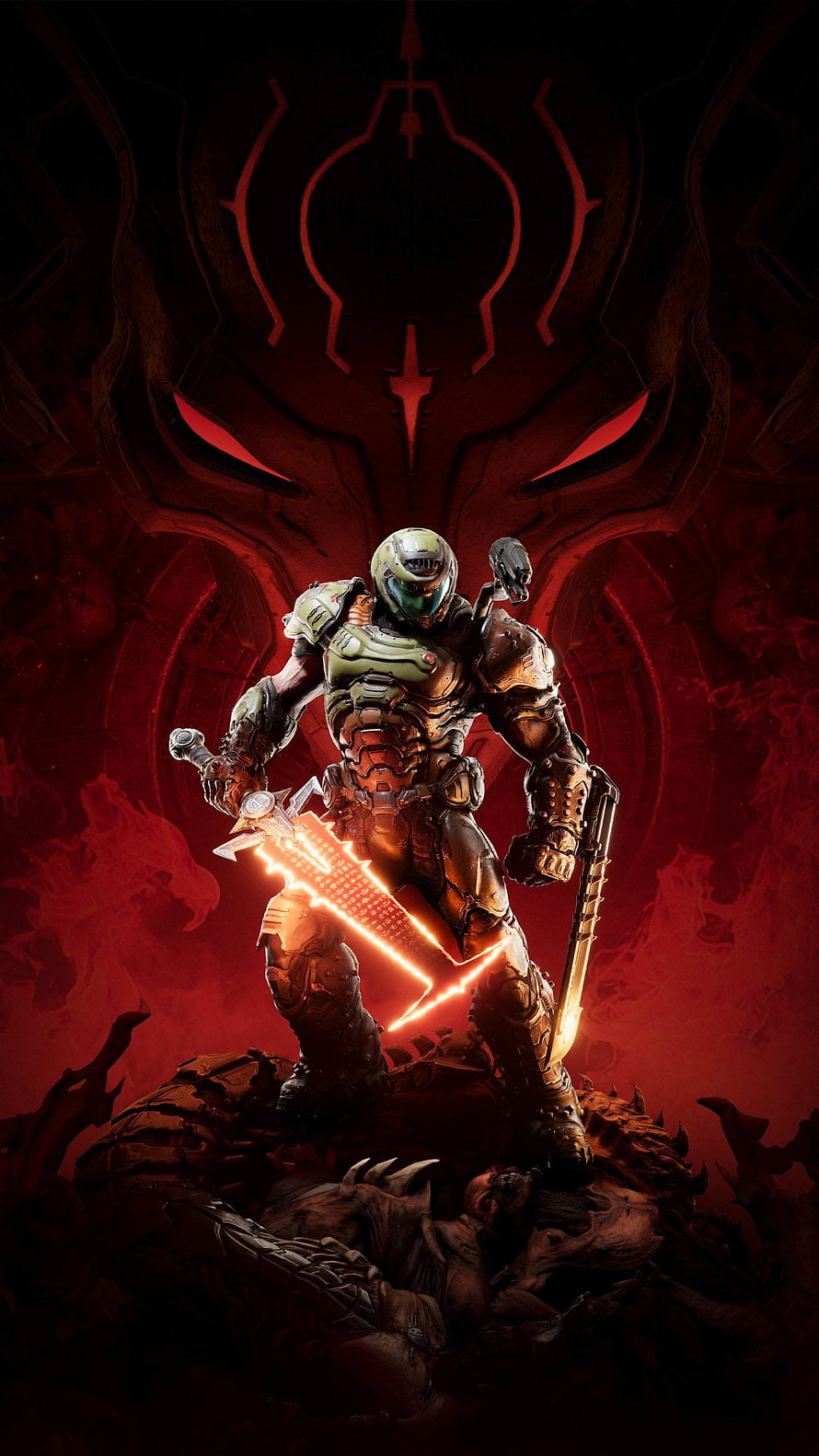 Doom Slayer wielding a glowing energy sword in a dark red demonic environment HD phone wallpaper