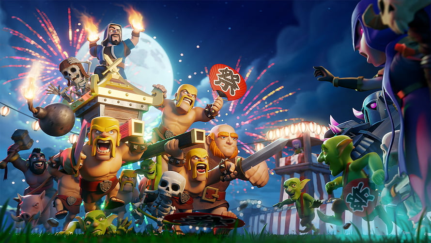 Clash of Clans Barbarians and Goblins Battle Scene with Fireworks and Moon HD wallpaper