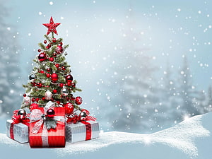 Festive Christmas Tree With Red Ornaments And Gifts In Snowy Winter Landscape HD wallpaper
