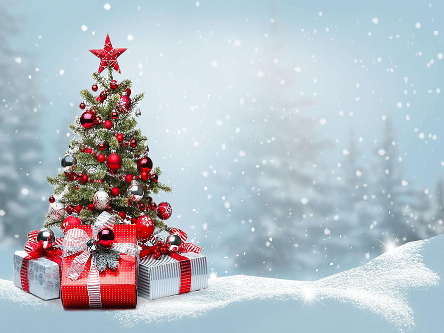 Festive Christmas Tree With Red Ornaments And Gifts In Snowy Winter Landscape HD wallpaper