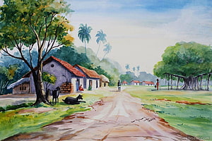 Watercolor Painting of a Peaceful Rural Village with Huts and Palm Trees HD wallpaper