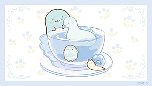 Sumikko Gurashi characters relaxing in a teacup with a rubber duck on a floral background HD wallpaper