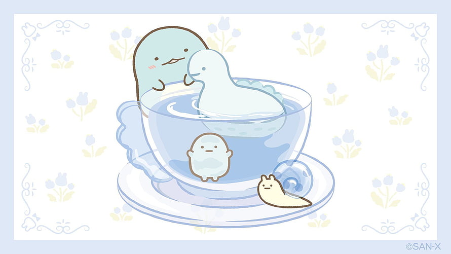 Sumikko Gurashi characters relaxing in a teacup with a rubber duck on a floral background HD wallpaper