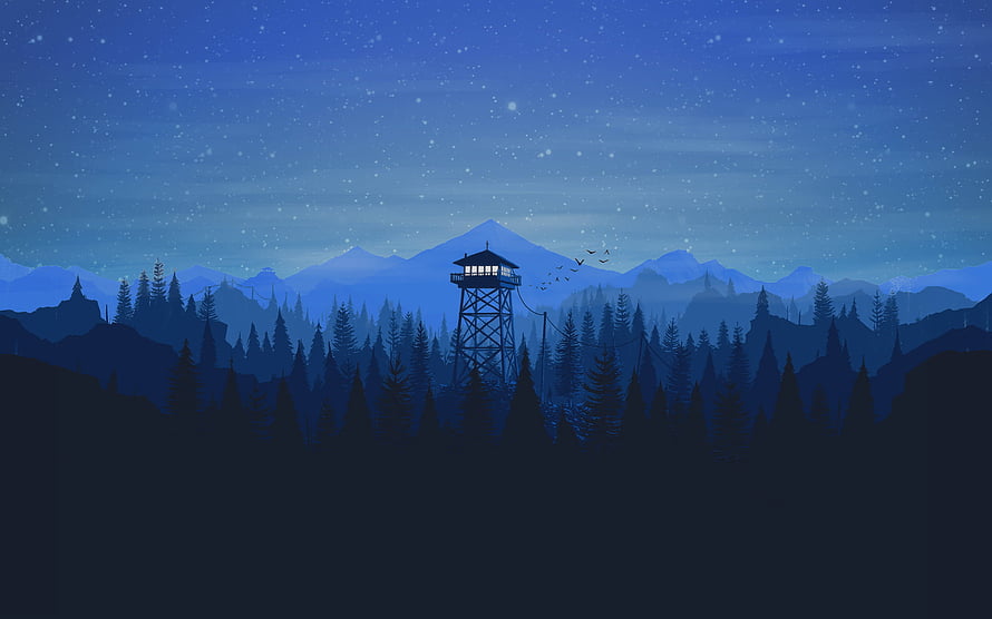 Serene Night Forest Landscape With Glowing Watchtower And Starry Sky HD wallpaper