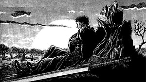 Guts from Berserk manga sitting contemplatively on a rocky cliff with his sword resting nearby in a desolate landscape, Guts Berserk Sitting - - HD wallpaper