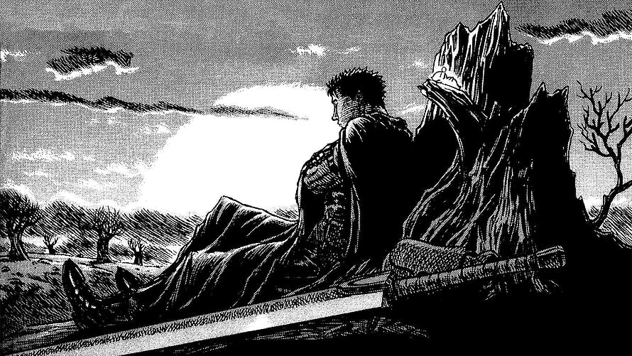 Guts from Berserk manga sitting contemplatively on a rocky cliff with his sword resting nearby in a desolate landscape, Guts Berserk Sitting - - HD wallpaper