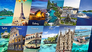 World Travel Destinations Collage Featuring Paris, Rome, Sydney, and Bali Landmarks HD wallpaper