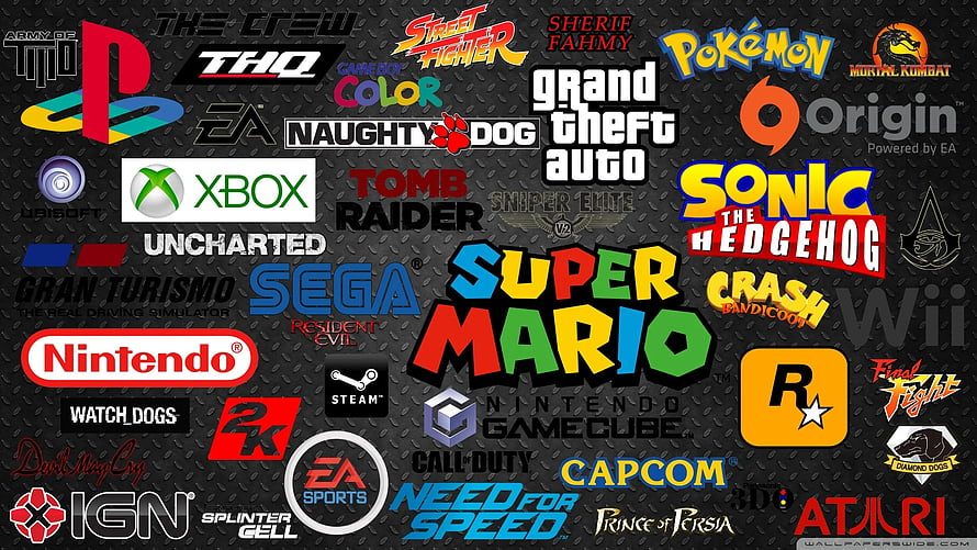 Retro Video Game Franchise Logo Collection on Dark Metal Background HD wallpaper