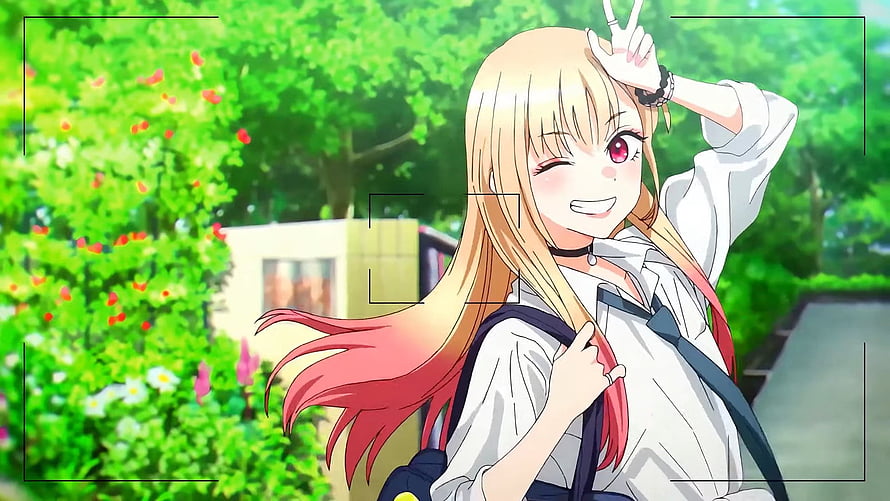 My Dress-Up Darling Anime Girl Winking in School Uniform with Peace Sign HD wallpaper