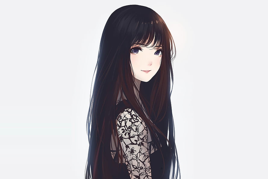 Anime Girl Portrait With Long Dark Hair And Floral Lace Top HD wallpaper