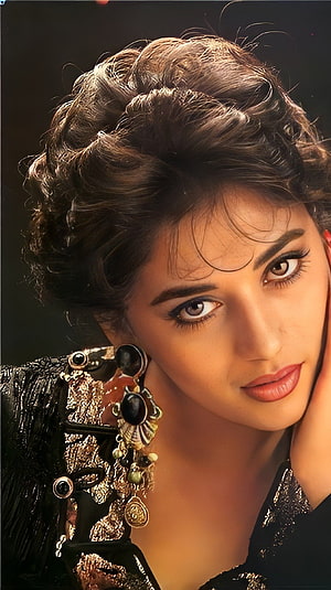 Madhuri Dixit Portrait in Traditional Indian Jewelry and Black Attire HD phone wallpaper