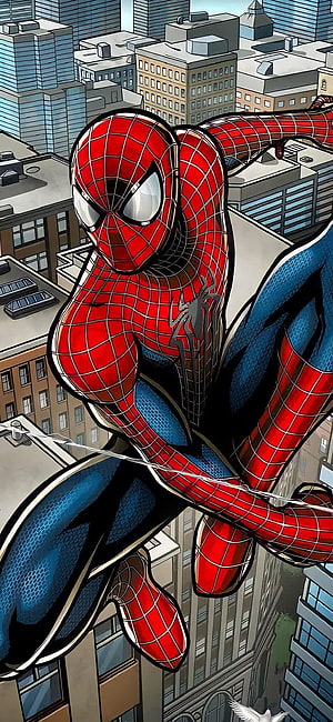 Spider-Man Swinging Through City Skyscrapers in Classic Red and Blue Suit, Spider-Man Andrew G, Superheroes, No_way_home, Batman, Heroes, Comics, Ironman, Avengers, Marvel, Spiderman HD phone wallpaper
