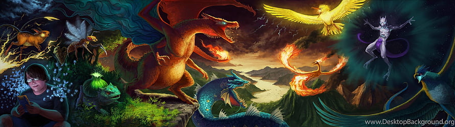 Fantasy Mythical Creatures and Dragons Digital Art Panorama HD wallpaper