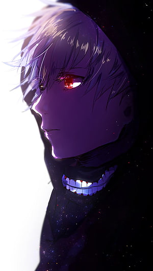 Kaneki Ken from Tokyo Ghoul in a moody purple and red anime portrait with glowing eyes and a dark cosmic background HD phone wallpaper
