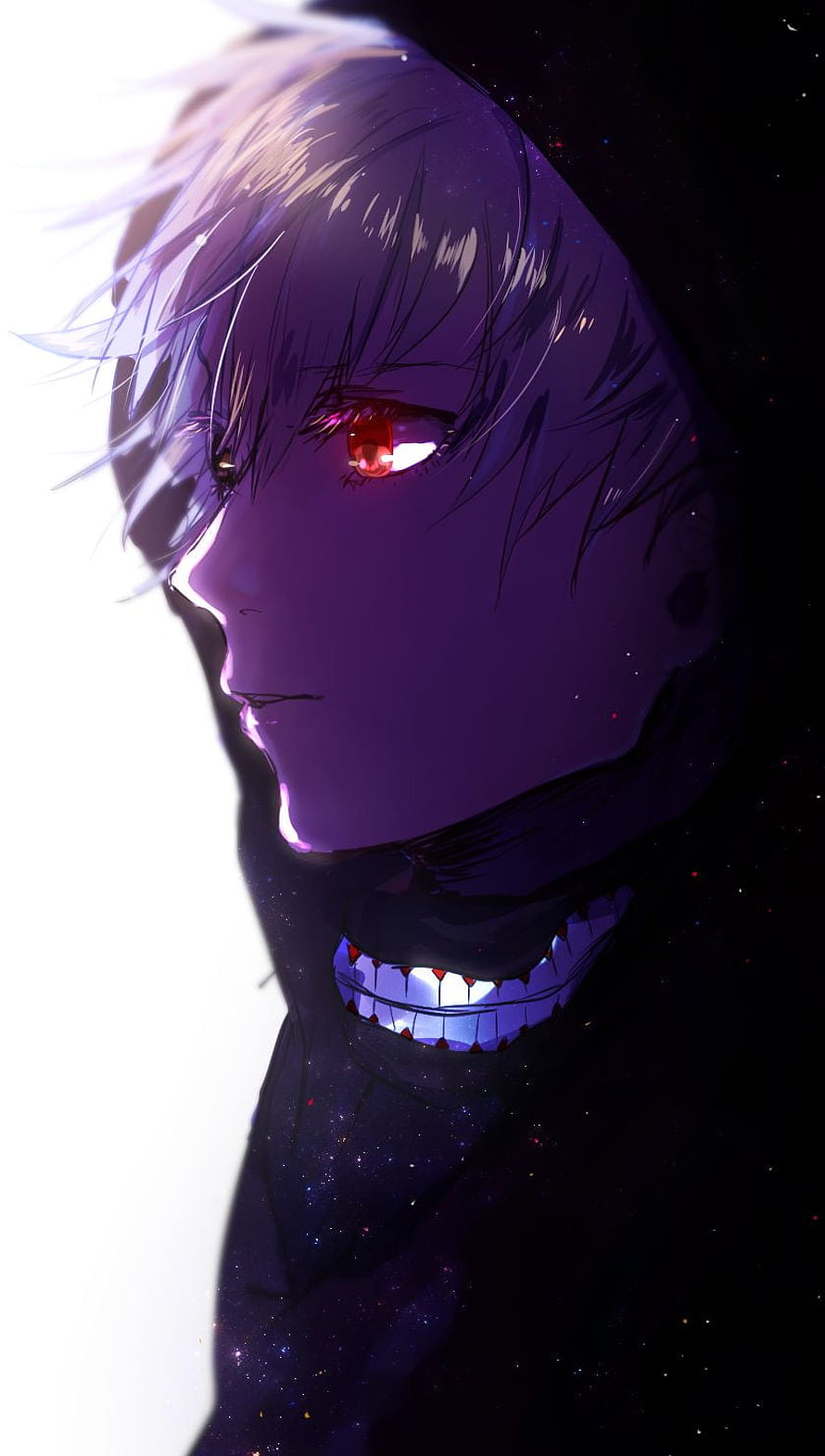 Kaneki Ken from Tokyo Ghoul in a moody purple and red anime portrait with glowing eyes and a dark cosmic background HD phone wallpaper