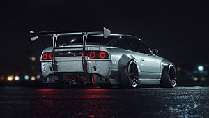 Silver Nissan Skyline GT-R R34 Widebody with Giant Wing Night Wallpaper HD wallpaper