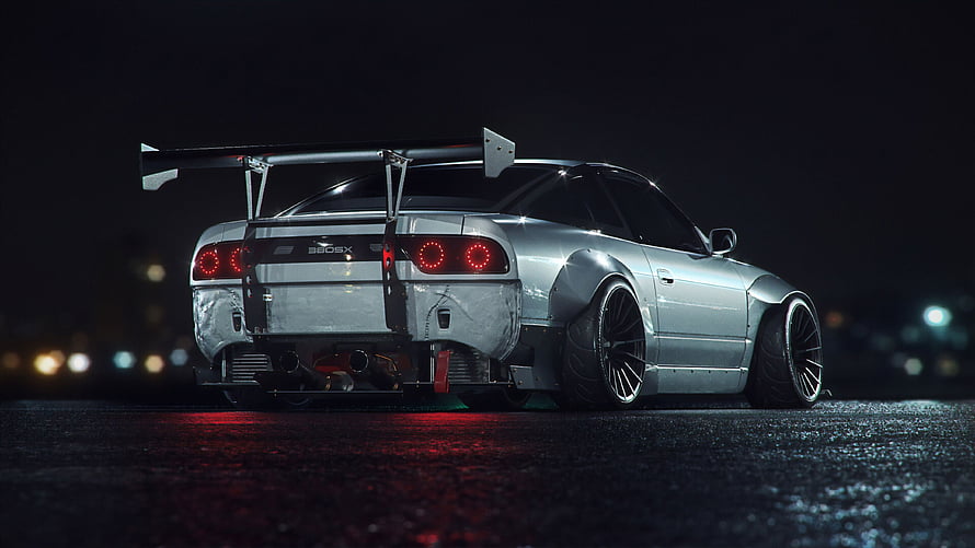Silver Nissan Skyline GT-R R34 Widebody with Giant Wing Night Wallpaper HD wallpaper