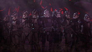 501st Legion Clone Troopers in Dark Battlefield with Red Embers HD wallpaper