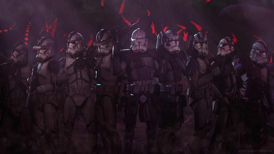 501st Legion Clone Troopers in Dark Battlefield with Red Embers HD wallpaper
