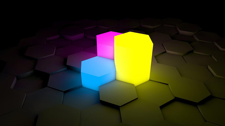 Glowing Neon Hexagonal Blocks on Dark Honeycomb Surface HD wallpaper
