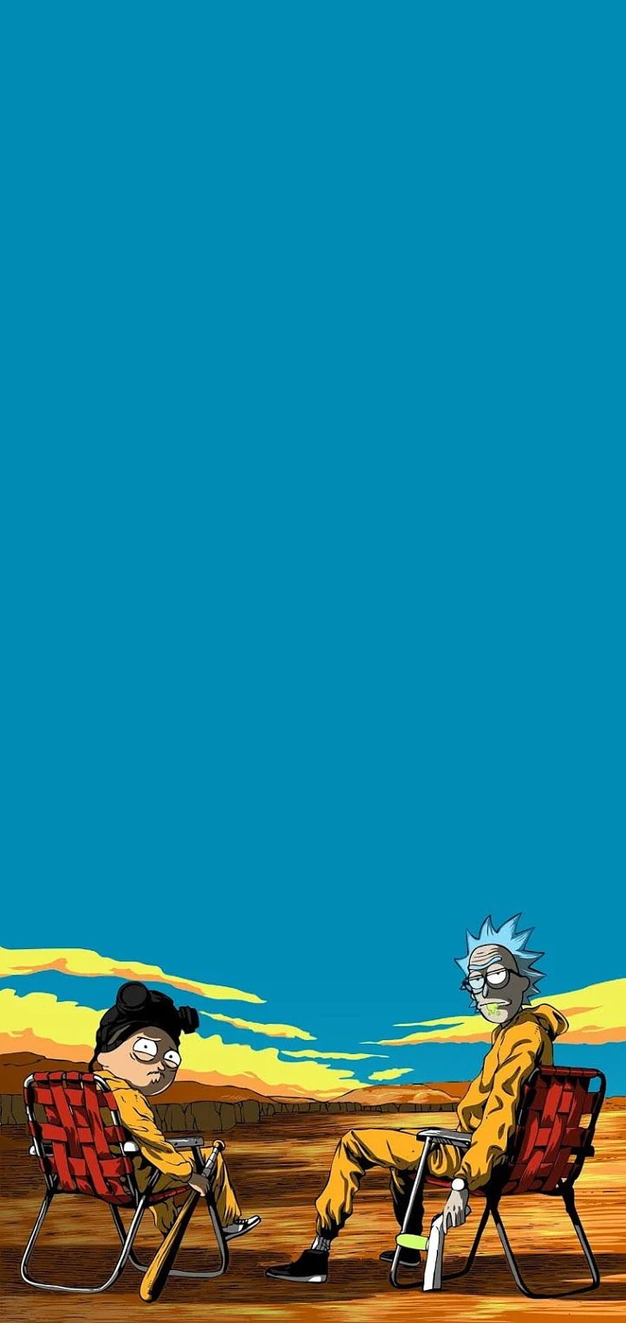 Rick and Morty characters in Breaking Bad style desert scene with red chairs HD phone wallpaper