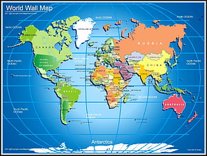 Colorful Political World Map Wall Chart With Labeled Countries And Oceans HD wallpaper