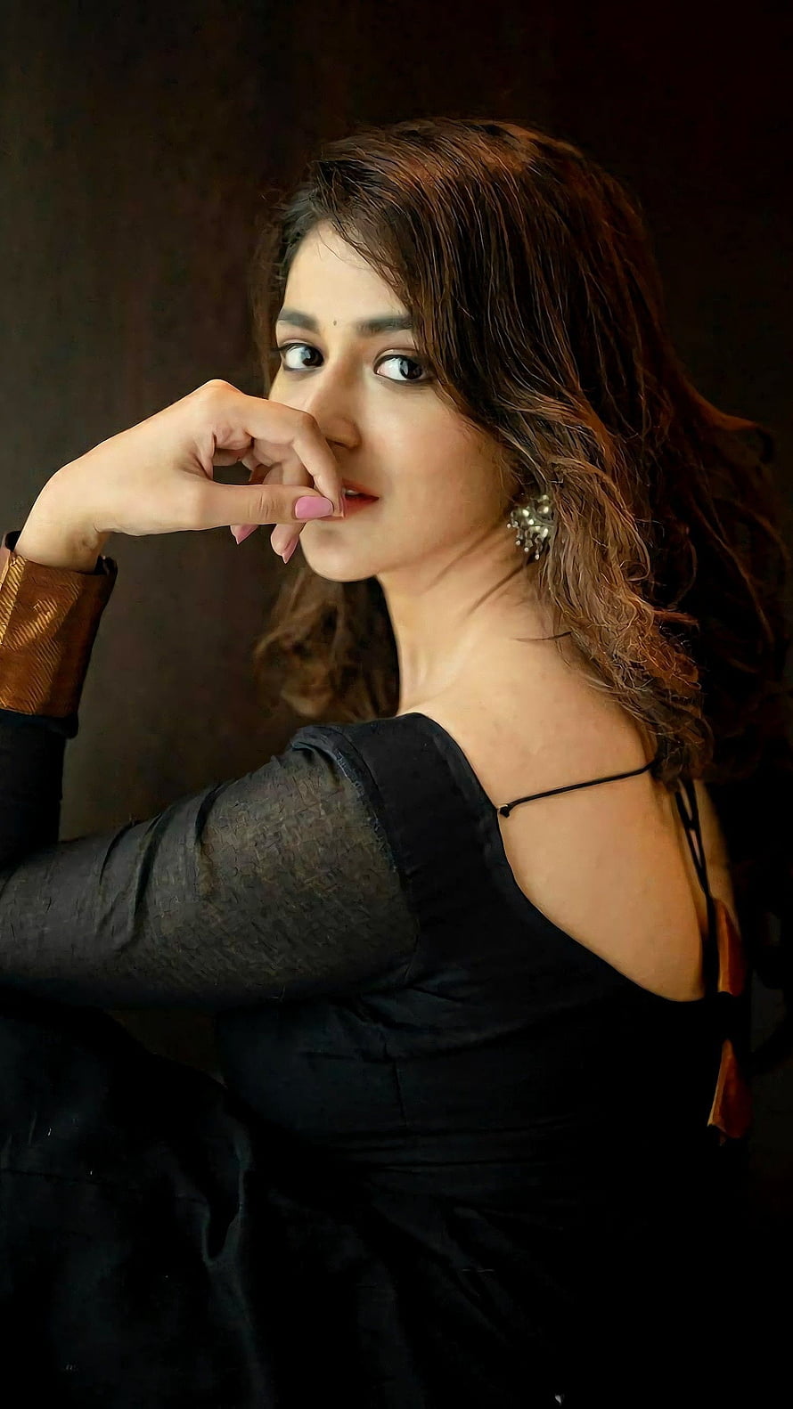 Priyanka Jawalkar in a black off-shoulder dress with a dramatic studio portrait HD phone wallpaper