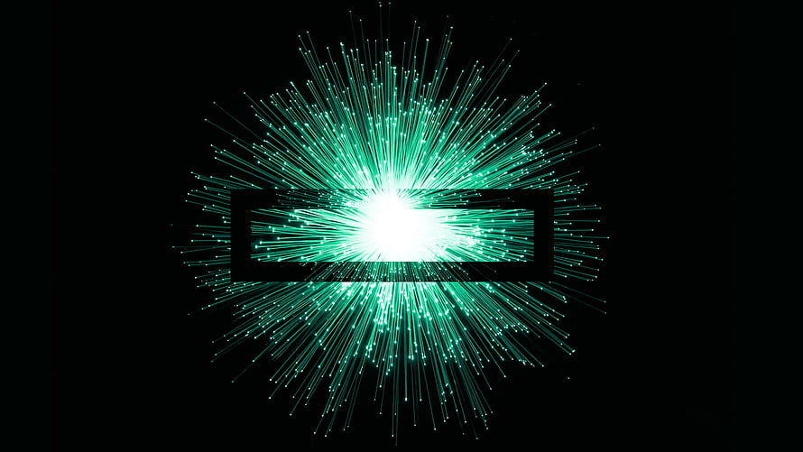 Emerald Fiber Optic Burst Radiating From Central Core Against Black Background HD wallpaper
