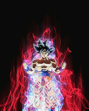 Goku Mastered Ultra Instinct with Red Aura and Blue Energy Flare HD phone wallpaper