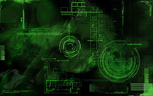 Green futuristic HUD interface with digital schematics and circular radar displays HD wallpaper